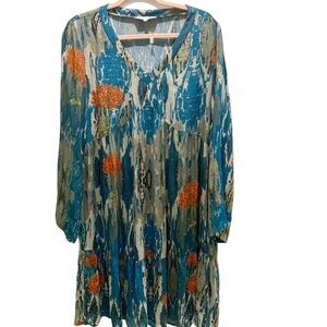 Benares Boho Style Teal & Gray with Red Floral Tunic Dress Ruffled Hem Sz M